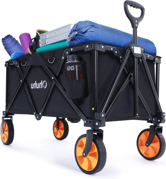 Opvouwbare trolleywagen voor buitenactiviteiten - Draagbare winkelwagen voor festivals, tuin, camping en picknick - Max 100kg draagvermogen - Verwijderbare wielen en 2 drankhouders - Zwart/Oranje Bolderkar van Merkloos