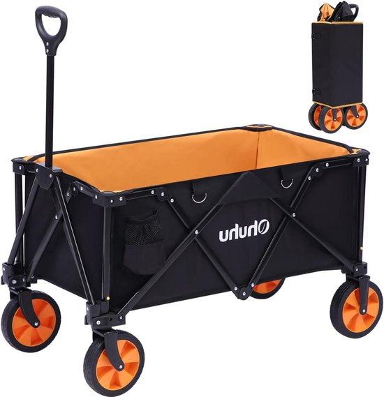 Opvouwbare trolleywagen voor outdoor activiteiten - Utility winkelwagen voor festivals, tuin, camping en picknick - Draagvermogen tot 100kg - Inclusief verwijderbare wielen en 2 drankhouders - Zwart/Oranje van MaxxGarden