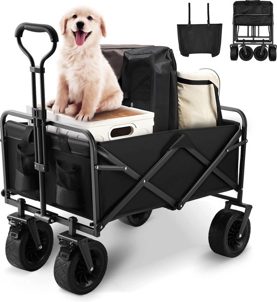 Opvouwbare Tuin Wagon Rem Grote Wielen Strand Winkelwagen - Max Capaciteit 100kg - Festival Camping Picknick Zwart van Lifetime Gardens