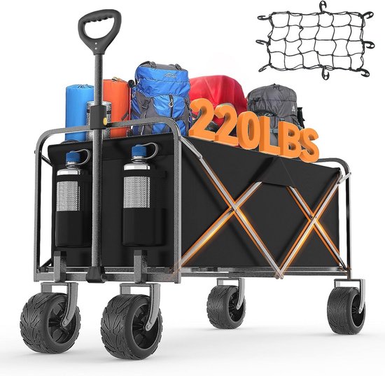Opvouwbare tuinkar met 220 lbs gewichtscapaciteit, all-terrain strandwielen en drankhouders