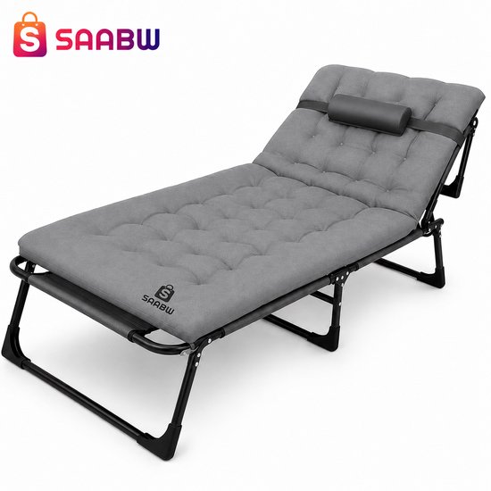Opvouwbare Tuinligstoel met Kussen en Hoofdsteun – Verstelbare Ligstoel 190x68 cm – Camping Ligbed met Voetensteun – Relaxstoel voor Tuin, Strand en Camping – Belastbaar tot 120 kg – Grijs – verstelbare ligstoel – camping ligbed – tuin ligbed – 64204