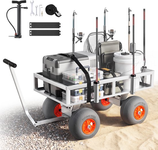 Opvouwbare viskar bolderkar - Strand transportkar - Draagvermogen 159 kg - 4 PU luchtbanden - Aluminium frame - 6 hengelhouders