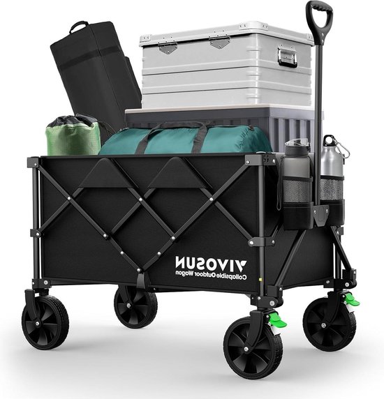 Opvouwbare Wagon Heavy Duty voor Outdoor Camping en Tuin - Zwart met Universele Wielen & Verstelbare Handvat van Merkloos