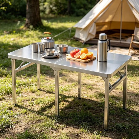 Opvouwbare Werktafel - Inklapbare Tafel - Voedselbereiding - Roestvrij Staal - 120x60x75cm - Zilverkleurig