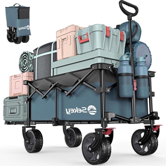 Opvouwbare XXL handkar met uitklapbare achterklep 135L - 200L - Vistrolley - Vouwbaar vanuit vier richtingen - Tot 150KG - SE4019 - Blauw Grijs van Merkloos
