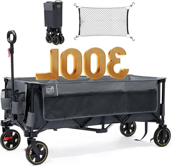 Opvouwbare XXXL Bolderkar met netten - 300 liter - 160 kg draagvermogen - transportwagen met rem - zijzak - bekerhouder - verstelbare handgreep - tuinwagen strandwagen - alle terreinen Bolderkar van Hastaqu.