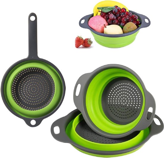 Opvouwbare zeef, siliconen, opvouwbare afdruipzeef, pastazeef, 3 stuks, inklapbare vergiet, doorslagzeef, opvouwbare zeef, camping, opvouwbare zeef voor het afdruipen van levensmiddelen, groenten en