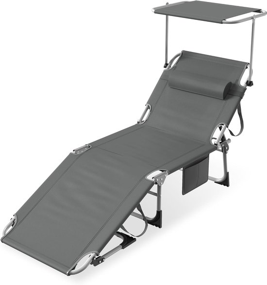 Opvouwbare Zonligstoel - Met Zonnedak - Verstelbare Rugleuning - Ergonomisch - Tuinligstoel - Metalen Frame - Oxford Stof - Draagbaar - Ligstoel - Voor Camping, Strand, Balkon En Kantoor - Antraciet - NAIZY