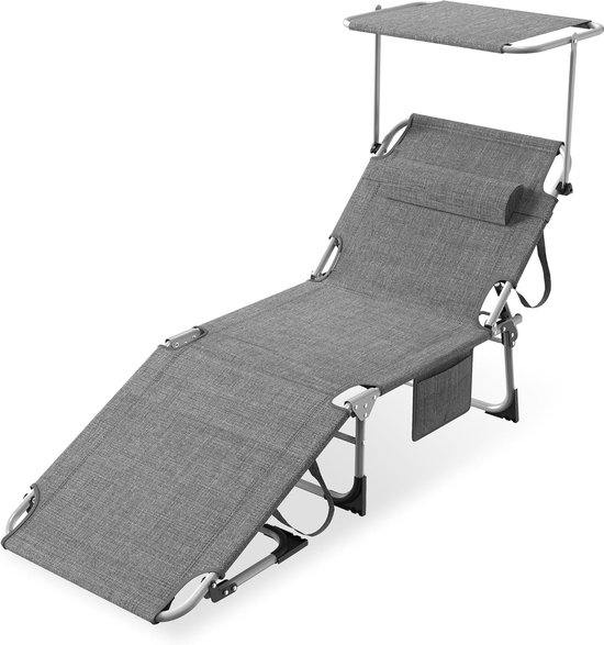 Opvouwbare Zonligstoel - Met Zonnedak - Verstelbare Rugleuning - Ergonomisch - Tuinligstoel - Metalen Frame - Oxford Stof - Draagbaar - Ligstoel - Voor Camping, Strand, Balkon En Kantoor - Grijs - NAIZY