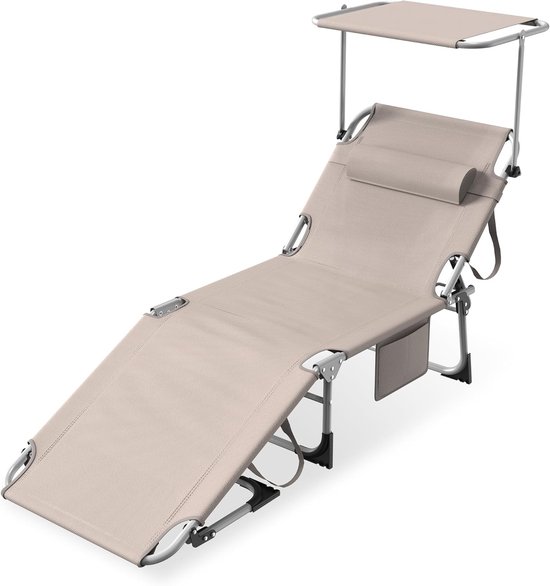 Opvouwbare Zonligstoel - Met Zonnedak - Verstelbare Rugleuning - Ergonomisch - Tuinligstoel - Metalen Frame - Oxford Stof - Draagbaar - Ligstoel - Voor Camping, Strand, Balkon En Kantoor - Khaki - NAIZY van Merkloos