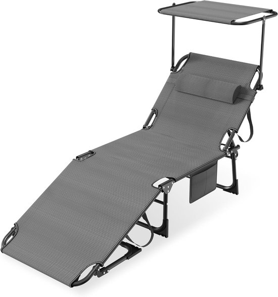 Opvouwbare Zonligstoel - Met Zonnedak - Verstelbare Rugleuning - Ergonomisch - Tuinligstoel - Metalen Frame - Oxford Stof - Draagbaar - Ligstoel - Voor Camping, Strand, Balkon En Kantoor - Zwart - NAIZY