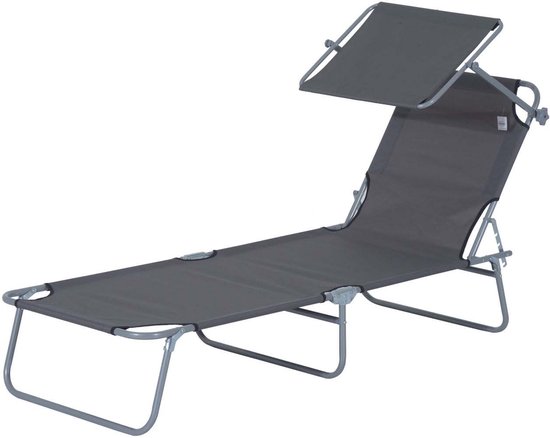 Opvouwbare zonstoel met zonnescherm tuinligstoel relax strandstoel 187x58x36cm grijs 4-standig verstelbare rugleuning stevig en stabiel metalen frame met ademend en duurzaam Oxford materiaal draagbaar en opvouwbaar geschikt voor tuin strand en buiten
