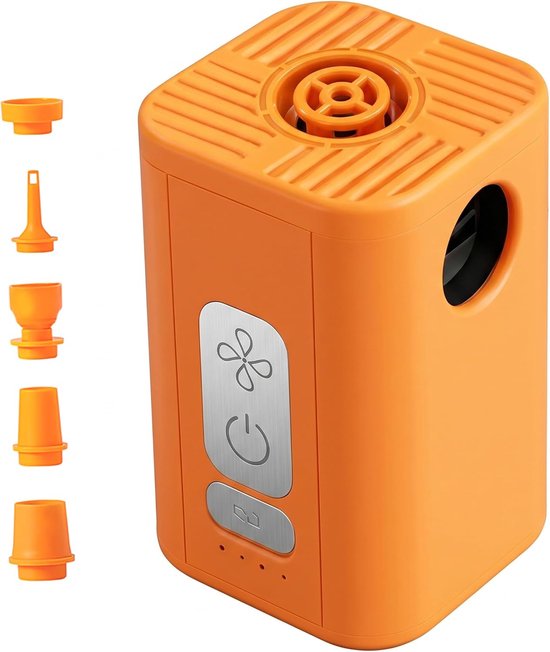 Oranje Multifunctionele USB Oplaadbare Vacuüm & Blaaspomp met 5 Verschillende Opzetstukken, Opbergtas, Draagbaar Afzuig- en Opblaasapparaat voor Thuis en Reizen