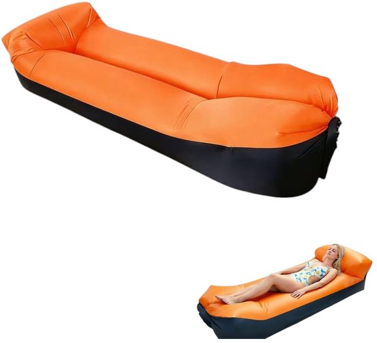 Oranje opblaasbare bank – Opblaasbare loungebank – Draagbare opblaasbare bank – Strandbank – Geschikt voor kamperen, tuin, strand, park, enz. – 220 x 70 x 60 cm