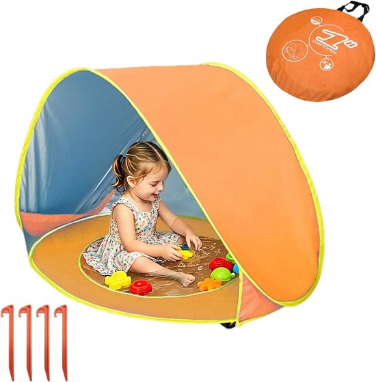 Oranje strandschelp pop-up tent voor baby's en peuters met UPF 50+ uv-bescherming en waterdichte bodem, ideaal voor strand en buitenactiviteiten