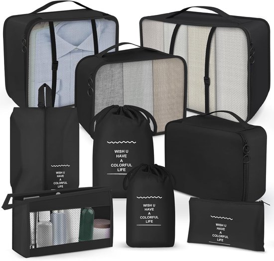 Organizers voor Koffers, 9-delige Set Inpak Cubes, Compressie Tassen voor Backpack, Reisaccessoires voor Kleding en Schoenenopslag