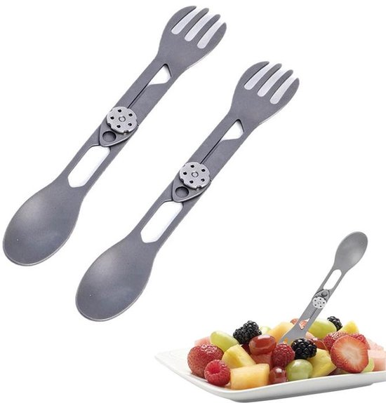 Outdoor 2-in-1 Spork - Opvouwbare lepel & vork - Titaniumlegering - Outdoor survivaltool - 2-pack - Lichtgewicht kampeerbestek - Draagbaar reisbestek - Ideaal voor wandelen, picknicks, barbecues en avontuurlijke activiteiten