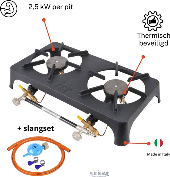Outdoor 2 vlams gaspit met slangset 30 mbar - industriekomfoor Gietijzer - 2,5 kw per pit - Propaan - Hoge kwaliteit - kan ook binnen gebruikt worden