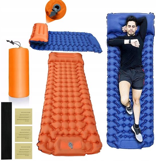 Outdoor Camping Opblaasbare Mat - Kampeer Slaapmat - 198*72*8cm - Oranje + Marineblauw - Waterdicht - Wordt geleverd met opbergzak - Met pedaal voor snel opblazen - Geschikt voor kamperen, reizen van Flintronic