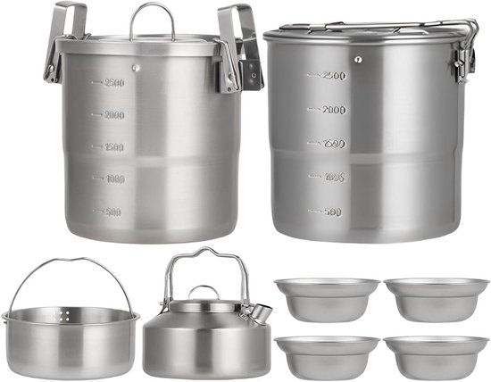 Outdoor Camping Servies Set - 13 Stks/Set Outdoor Kookset met Pot, Waterkoker, Kommen & Opbergtas, Roestvrij Staal Kookgerei, Draagbaar Fornuis, Genest Ontwerp, voor Backpacken, Wandelen, Trekking
