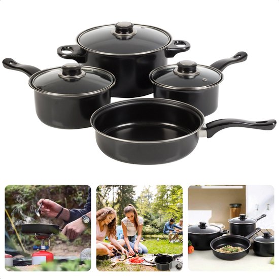 Outdoor Campingpannen Set - 4 stuks - Koolstofstaal - Non-Stick Coating - Geschikt voor Gas - Ideaal voor Kamperen - Campingpan Set - Pannenset van Merkloos