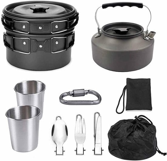 Outdoor Complete Kookset – Non-stick Potten, Pannen & Kookgerei met Opvouwbaar Bestek, Ketel en Kopjes voor Camping & Picknick