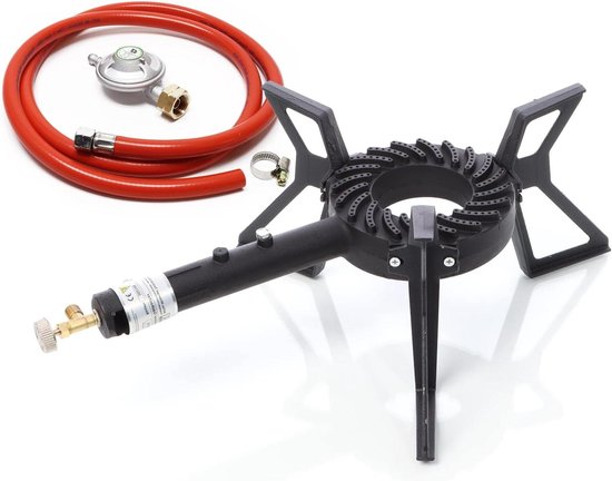 Outdoor Gasbrander - Camping Kooktoestel - Buiten Koken - Inclusief Gasslang - 10.5 kW - Rood Zwart