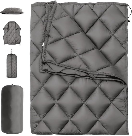 Outdoor kampeerdeken, 4-in-1 multifunctionele reisdeken, 140 x 205 cm, waterdicht en warm, met opbergtas, opvouwbaar en lichtgewicht, ideaal Geschikt voor wandelen, backpacken, picknicks en strandactiviteiten (donkergrijs).
