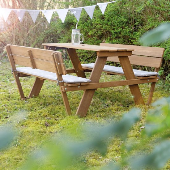Outdoor kinderzitgroep 'Picknick for 4' Outdoor +, met rugleuningen, zitgarnituur met 2 banken, 1 tafel, massief hout, voor binnen en buiten, weerbestendig, bijzonder duurzaam van OutDoor