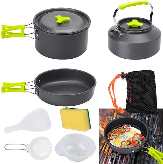 Outdoor kookset - Kookgerei kit - Picknickset voor 2-3 personen - Draagbare kookset - Theepot van 1 liter - Buiten kookgerei - Groen
