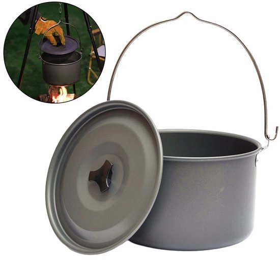 Outdoor Picknickpan - Hangpan van aluminiumlegering voor op de camping - Grote kookpan voor boven het kampvuur & stapelbare set - 4L