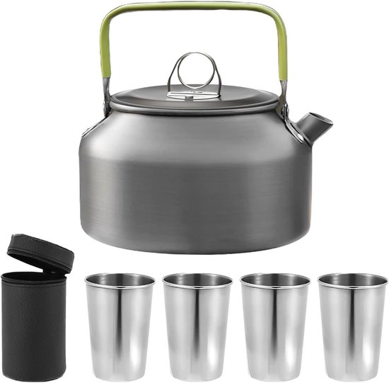 Outdoor Tableware Set - Camping Kettle 0.8L Teapot with 4 Stainless Steel Cups and Carry Bag - Durable Aluminium - Ideal for 1-4 People van Merkloos