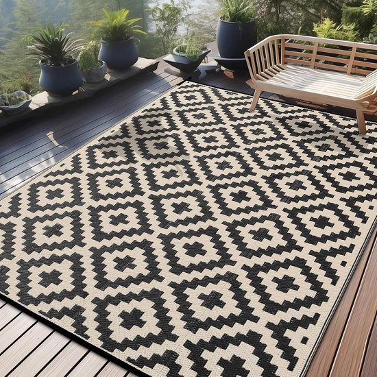 Outdoor Tapijt - Buitenkleed Terras - Verfraai Buitenruimte - Weerbestendig UV-bestendig - 270 x 360 cm - Zwart Beige