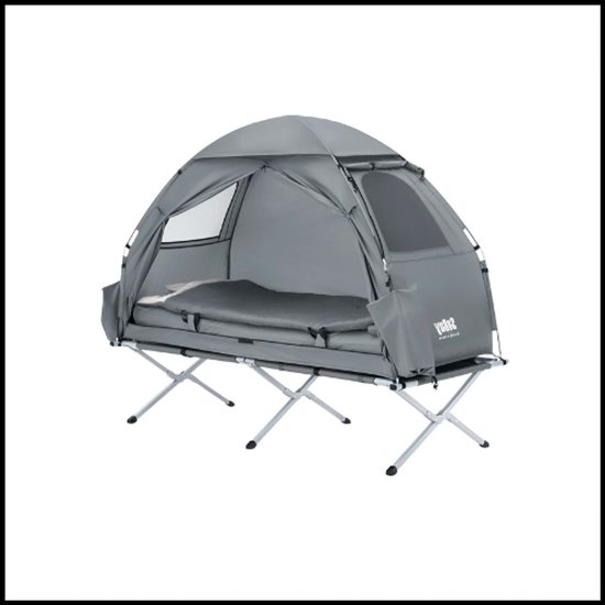 Outdoor tent 1 persoon – 4-in-1 Iglo tent voor strand, camping en park – Inclusief luchtbed en slaapaccessoires – Water- en insectenbestendig – Eenvoudig op te zetten – Grijs van Merkloos