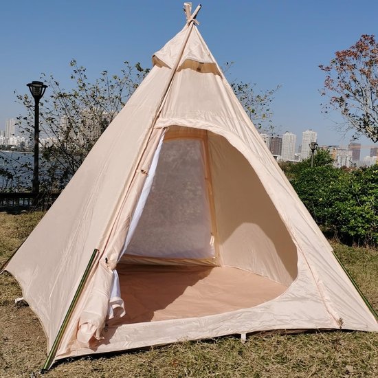 Outdoor Tipi Tent - Piramidetent Familietent - Kamperen en Spelen - Waterdicht 3000mm PU - 215x215x200cm - Beige van OutDoor