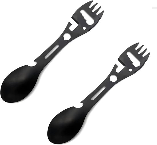 Outdoor tool - Spork - Multitool 10-in-1 - Multifunctioneel outdoor bestek - Blik- en flesopener - Gereedschapset - zwart - 2 stuks