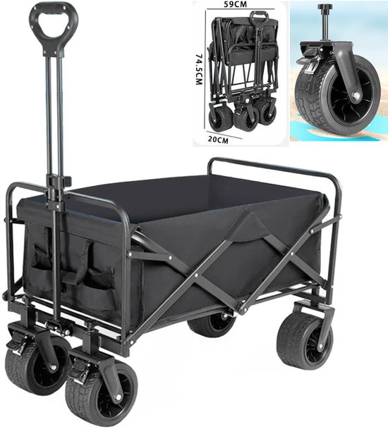 Outdoor Vierwielig-150kg draagvermogen-Bolderkar Opvouwbaar en Draagbaar-Afneembare wielen-Draaibare Wielen-Kampeerwagentje-Voor Picknick, Supermarkt, Vissen, Boodschappen doen（76*46*24cm Kleur:Zwart) van Merkloos