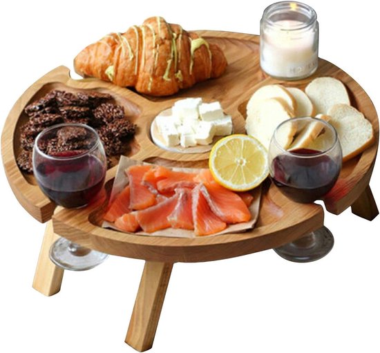 Outdoor Wijntafel - draagbare houten picknicktafel - rond - opvouwbaar van Merkloos