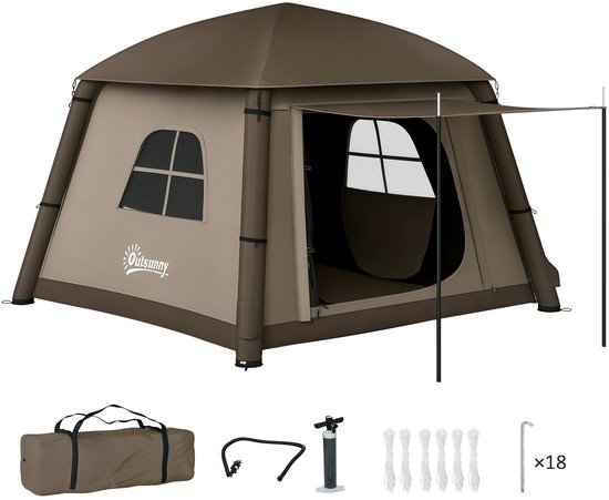 Outsunny Opblaasbare Campingtent Oxfordstof, Polyester 210L x 210B x 160H cm Khaki van Merkloos