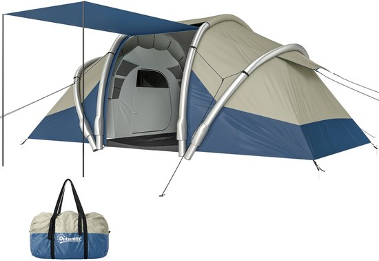 Outsunny Opblaasbare Kampeertent-TPU, Oxford-stof-485L x 245B x 188H cm-Blauw+Grijs+Lichtbruin van Merkloos