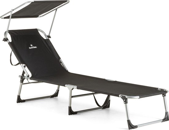 Outtec® Strand Ligbed, Ligstoel met Verstelbaar Zonnescherm - Verstelbare Rugleuning - tot 120 kg - Tuinstoel - Campingstoel - Strandstoel - Lounger