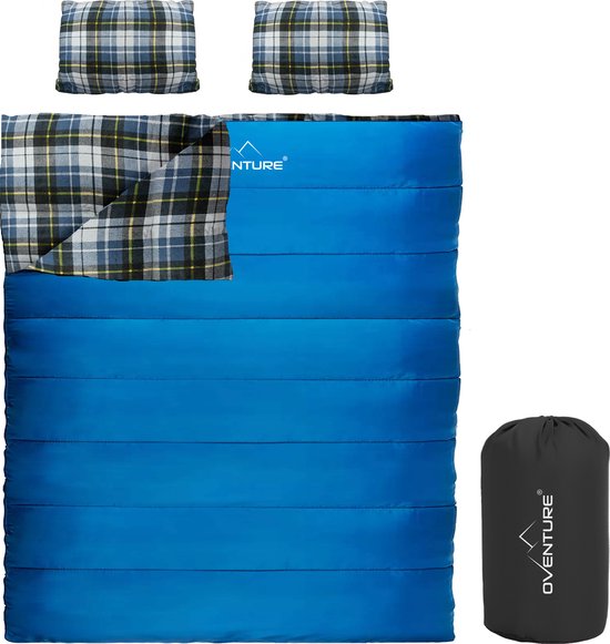 Oventure Double Comfort tweepersoons slaapzak | 190 x 160 cm | Flanellen slaapzak | Comfortabel tot 8 °C | Inclusief hoofdkussens | Zacht en warm materiaal | Dubbele slaapzak | Geschikt voor volwassenen en kinderen | Met compressietas van Merkloos
