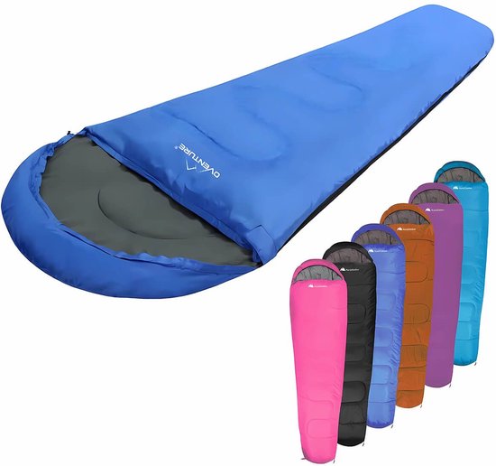 Oventure SleepPlus slaapzak - 230 x 80 cm - Mummy slaapzak - 3-seizoenen - Comfortabel tot 6 °C - Voor kamperen, backpacken en festivals - Lichtgewicht en compact - Slaapzak met capuchon - Inclusief draagtas - Blauw van Oventure