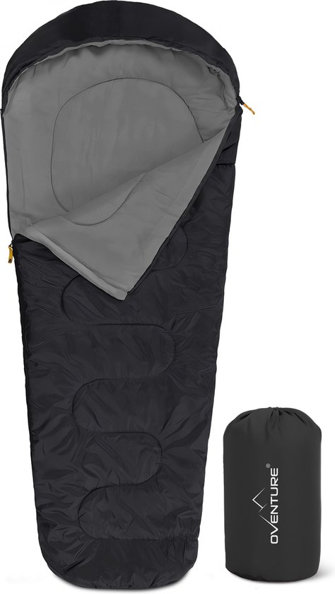 Oventure SleepPlus slaapzak | 230 x 80 cm | Mummy slaapzak | 3-seizoenen | Comfortabel tot 6 °C | Voor kamperen, backpacken en festivals | Lichtgewicht en compact | Slaapzak met capuchon | Inclusief draagtas | Zwart van Merkloos