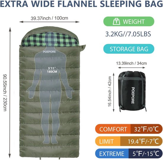 Oversized Slaapzak voor Koud Weer - 100% Katoen Flanel XXL - Dubbellaagse Winter Slaapzak voor Volwassenen van KingCamp