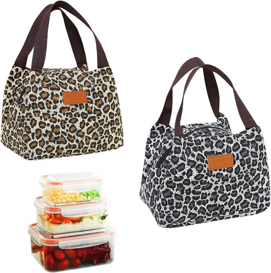 Pack of 2 Lunch Boxes - Square Lunch Bag voor Vrouwen - 5.28L Grote Capaciteit - Ontbijt Tas - Draagbaar en Vouwbaar - Waterdichte Leopard Zip van Merkloos