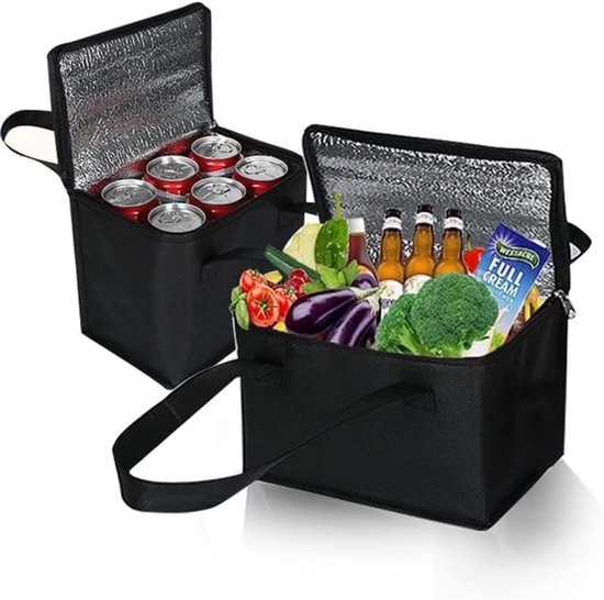 Pack of 2 Vouwbare Koelers - Koeltas - Winkelmandje - Klein 5L 7L met Koelcompartiment voor Kantoor, Werk, Buitenshuis, Reizen, Ideaal als Geïsoleerde Tas, Picknicktas (Zwart) van Merkloos
