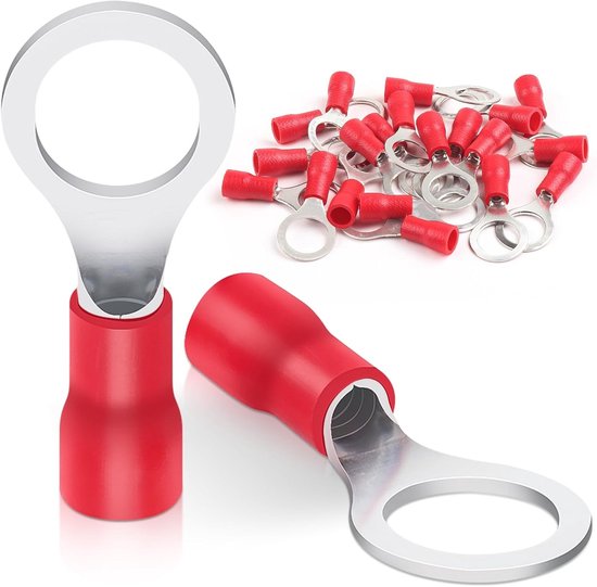 Pack van 20 Ringkabelschoenen, 0.5-1.5 mm², M8 Gatdiameter, Gedeeltelijk Geïsoleerd, PVC Kabelogen van Rood Koper, Verzilverd voor Betrouwbare Verbindingen