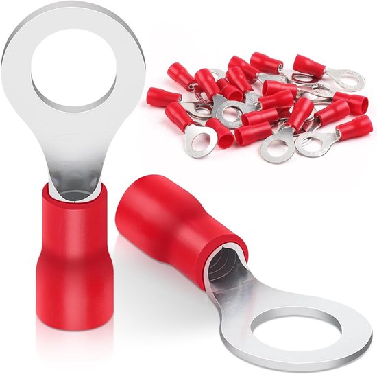 Pack van 20 Ringklemmen, 0.5 - 1.5 mm², M6 Gatdiameter, Gedeeltelijk Geïsoleerde Kabelschoenen van Rood Geëtst Koper voor Elektrische Verbindingen van Merkloos