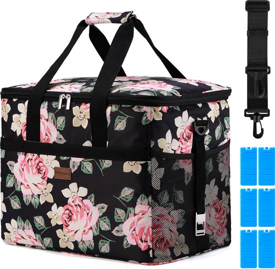 Packaway 4 Laags Geïsoleerde Koeltas - Lunchtas 40 liter - Black Flower van Packaway